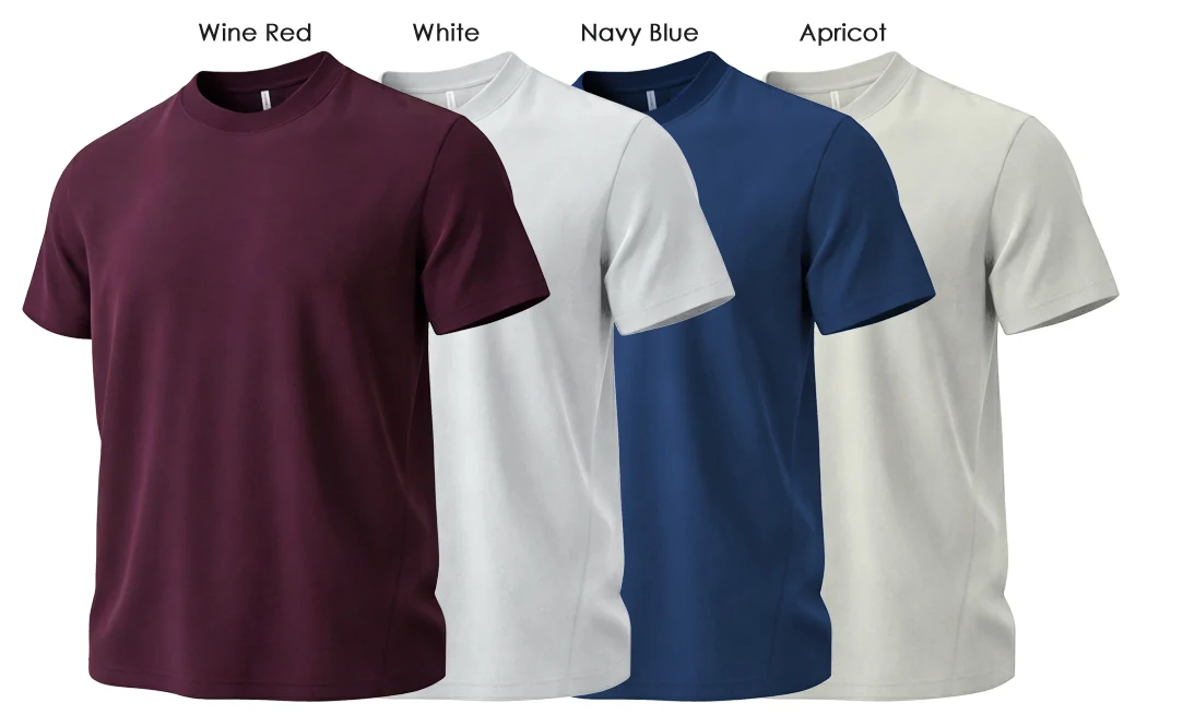 Group of three men wearing short-sleeve t-shirts in various colors and sizes. The image highlights a detailed product photo of 60S Ice Silk Fabric, 180g solid-color crew neck tees. Soft, skin-friendly, and multi-color basic style, showcasing the brands focus on comfort and quality in diverse shades.