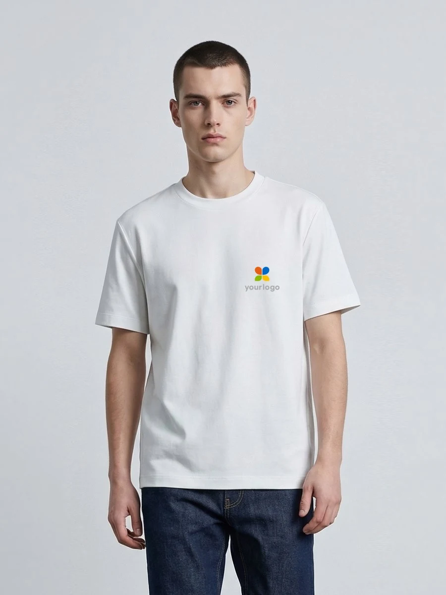 Man wears a white 60S Ice Silk T-shirt with a colorful, minimalist logo on the chest, paired with blue jeans. The design reflects a suprematist, brand-focused aesthetic. Lightweight, antibacterial, and ideal for outdoor sports or light business settings, this long-lasting t-shirt blends style, comfort, and modern functionality.