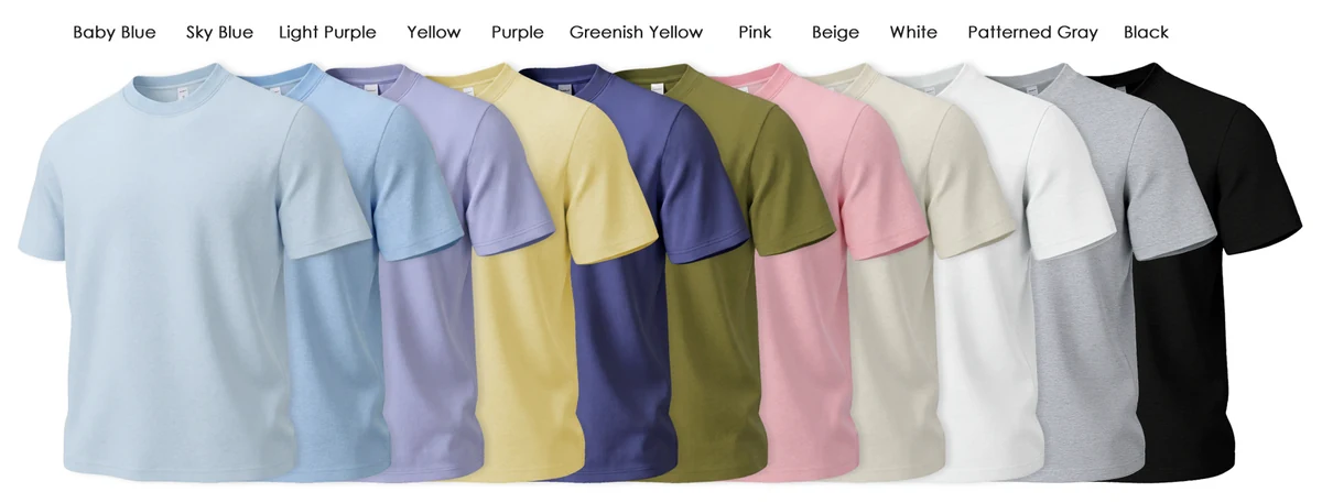 Group of pastel-colored shirts in various hues on a white background, showcasing a lightweight cotton blend. Minimalist design with versatile appeal. Ideal for daily commute, featuring a heavyweight yet comfortable fit. Soft, vibrant colors create a striking color field, emphasizing style and simplicity.