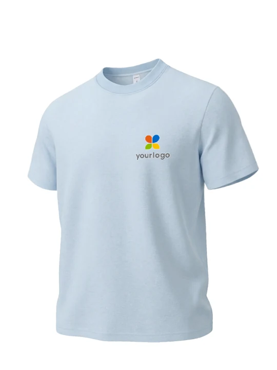 Light blue, unisex basic t-shirt featuring a colorful 3D customizable logo and the text youprogo on the chest. Styled in Japanese casual fashion, this gradient baby blue sports and fitness tee is ideal for everyday wear, combining comfort, style, and a vibrant artistic touch.