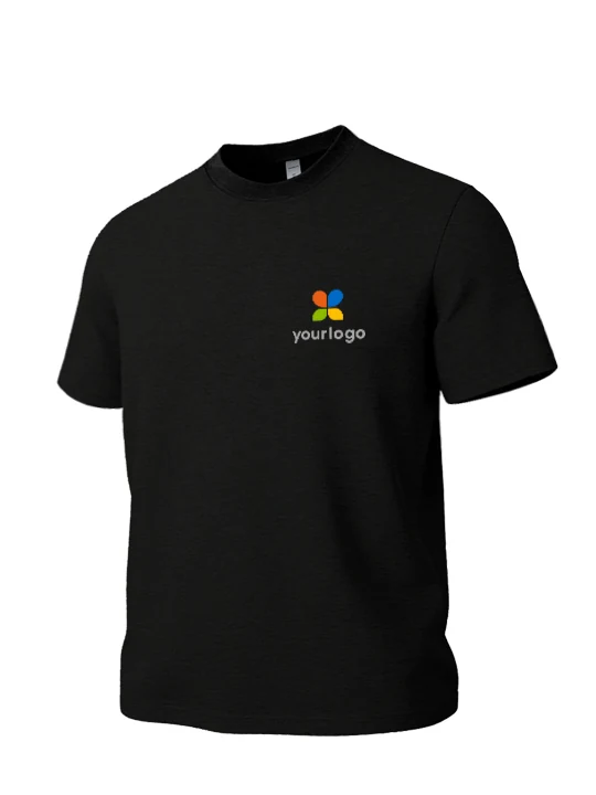 Black youth T-shirt features a 3D custom logo of a childrens toy company on the chest. Made from heavyweight cotton blend, its quick-drying, infant-grade Class A antibacterial, and styled in Japanese casual fashion. The product photo showcases computer graphics with lyco art details, emphasizing modern design and high-quality, safe materials for young wearers.