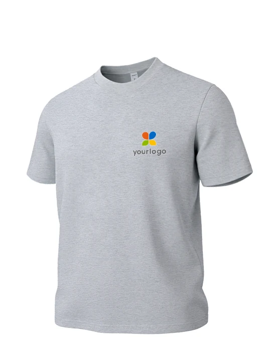 Minimalist, versatile Japanese casual t-shirt in patterned gray with a colorful 3D logo on the chest and a rainbow design on the back. Made from SORONA cooling, quick-drying fabric, it combines style and comfort for everyday wear.