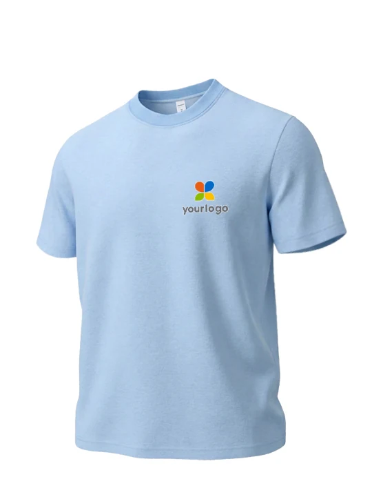 Light blue youth T-shirt featuring a colorful 3D custom logo on the chest, designed for daily commute and home leisure. Minimalist yet versatile, this quick-drying, gradient sky-blue shirt combines style and comfort with a modern, vibrant look perfect for casual wear.