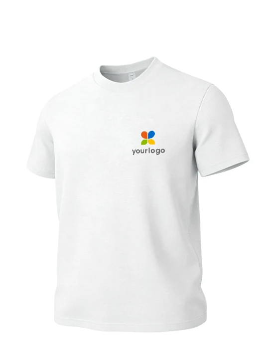 White t-shirt features a custom 3D logo on the chest with a rainbow design and the text yourproge in bold. Styled by Ay-O, this product photo showcases a vibrant, artistic look ideal for home leisure and outdoor activities, emphasizing creativity and casual wear in a clean white color scheme.