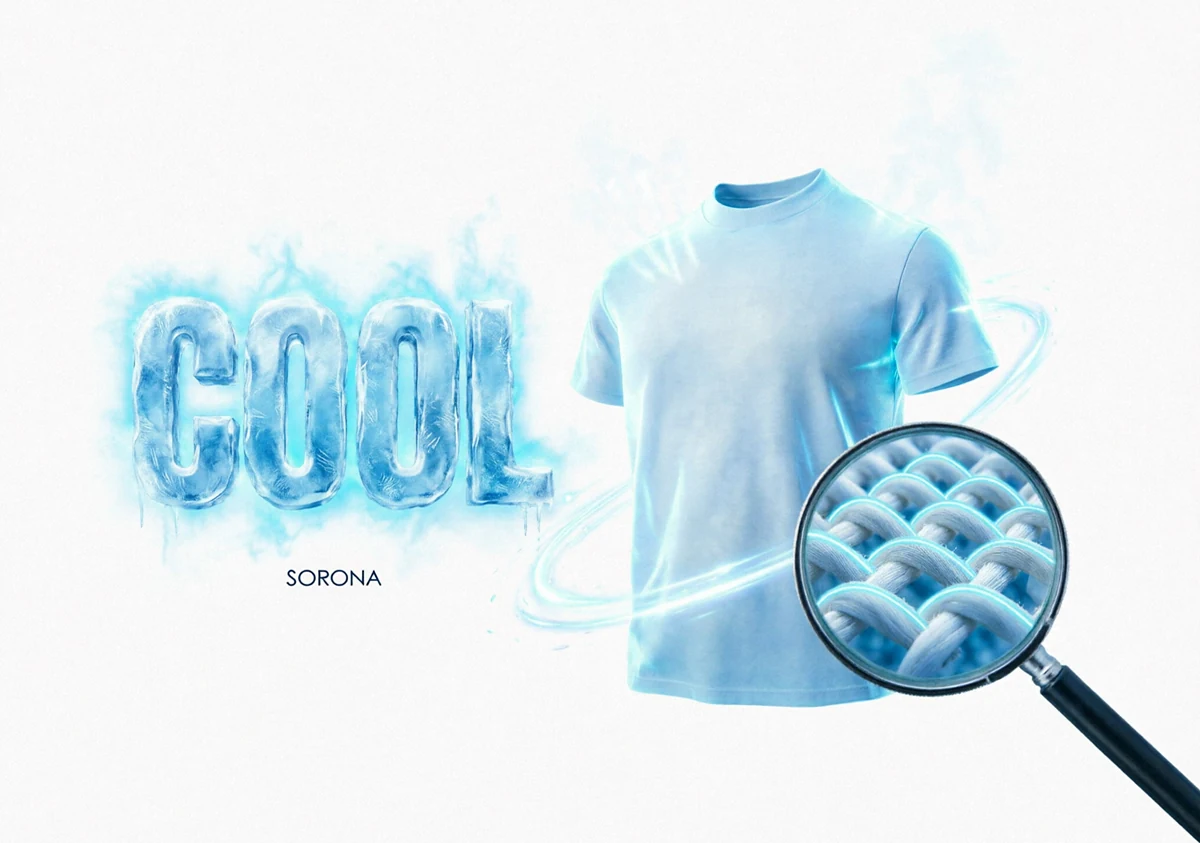 Sleek T-shirt featuring Sorona Cool technology, highlighted by a magnifying glass and the word Cool on the side. Designed for sports and fitness, it offers quick-drying, moisture-wicking properties. The solid color and versatile style make it ideal for active lifestyles, blending functionality with modern concept art aesthetics.
