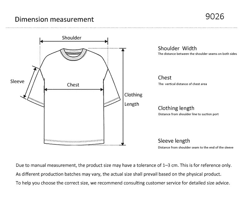 9026 T-shirt dimension measurement guide