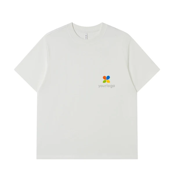 Minimalist beige streetwear T-shirt featuring a rainbow logo on the chest and back, crafted from cool touch ice-skin fabric. Wash-resistant and 7A antibacterial, it blends modern design with comfort and durability, perfect for trendy, low-maintenance style.