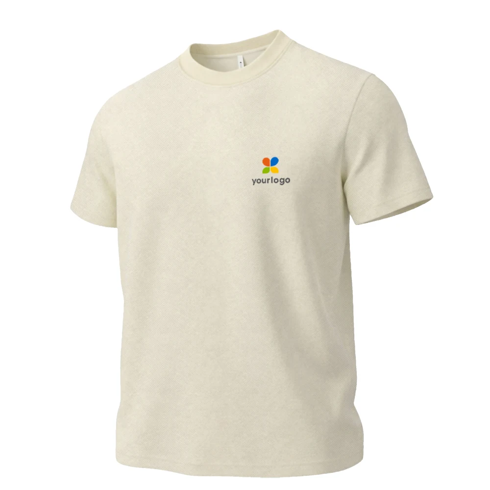 Beige tech fabric T-shirt featuring a white floral design on the front and a blue flower on the back. Designed for outdoor trips and light business wear, it boasts negative ion oxygen-rich fabric for comfort and modern minimalism. Ideal for stylish, functional apparel with a clean, contemporary aesthetic.