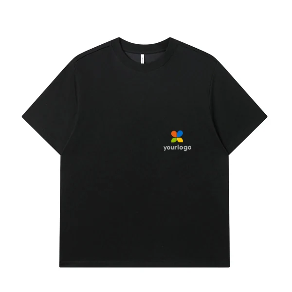 Black minimalist T-shirt featuring a vibrant rainbow logo and patch on the chest, designed by Ay-O. Made from 240g heavyweight honeycomb fabric, it’s 7A antibacterial, ideal for daily commutes and outdoor trips, blending modern computer graphics with sustainable, durable comfort.
