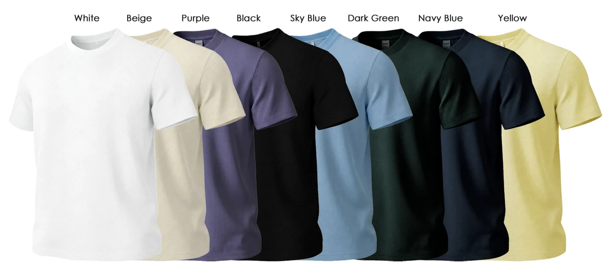 Group of five colorful crew neck T-shirts&mdash;white, black, blue, yellow, and green&mdash;displayed on a white background. Each shirt features the brand name and color label. Made from 240g honeycomb fabric with a cool ice-skin touch, these streetwear-style short sleeve shirts offer a comfortable, breathable fit perfect for casual wear.