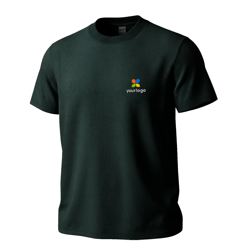 Minimalist black t-shirt features a dark green floral and butterfly logo, evoking a cool ice-skin touch. Designed for summer outfits, it blends casual style with computer graphics and holographic effects. The brand-inspired design highlights sleek aesthetics, perfect for modern, understated fashion.