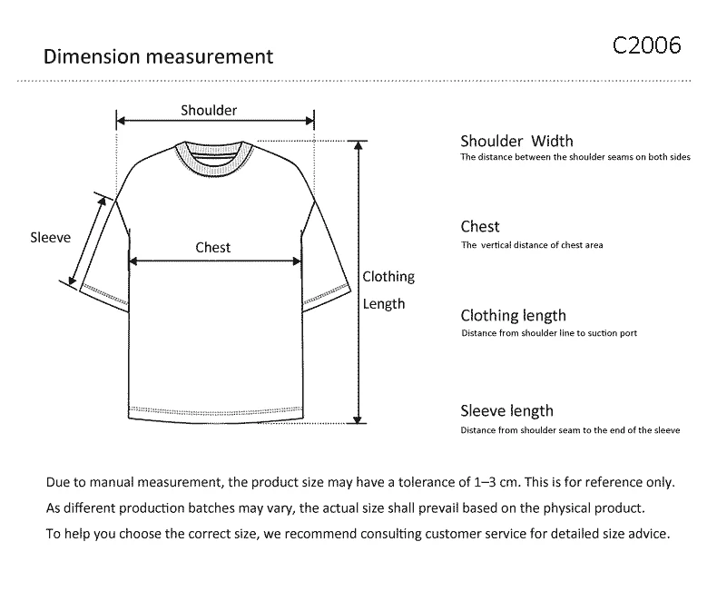 The image showcases a precision-designed C2006 quick-dry T-shirt for streetwear, home leisure, and outdoor trips. Detailed measurements are illustrated in a wireframe diagram, highlighting fit accuracy. The color is unspecified, emphasizing functionality and modern style suitable for active lifestyles.