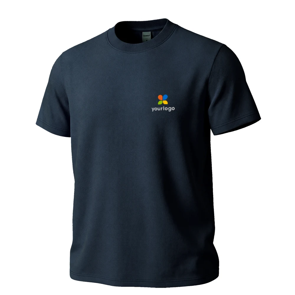 Sporty tech fabric T-shirt in navy blue features a striking white and yellow holographic company logo on a blue background. Ideal for outdoor sports and daily commute, it blends modern design with functional style, showcasing sleek computer graphics and a bold brand presence.