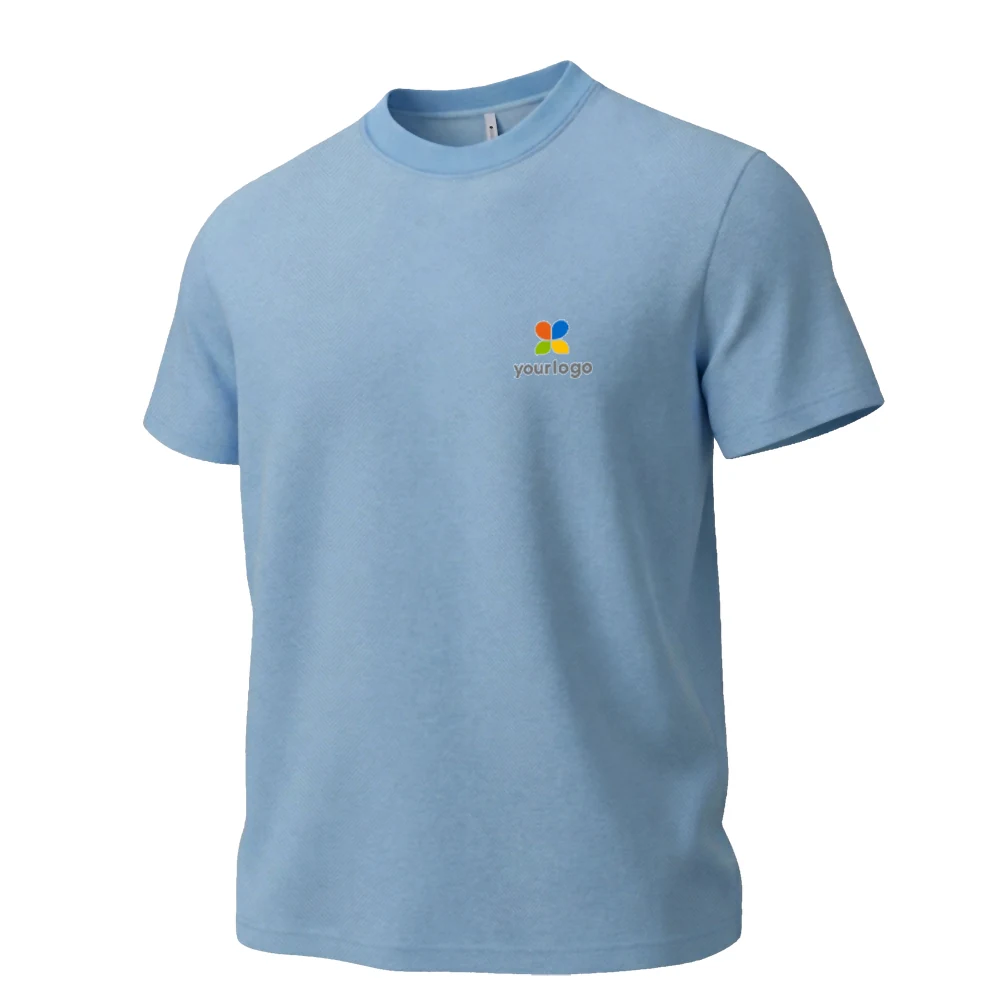 Unisex basic T-shirt featuring a sky blue gradient background with a detailed blue and yellow bird motif on the chest. Designed for outdoor sports, it offers a cool ice-skin touch, combining stylish lyco art with a vibrant, eye-catching custom logo in a light sky blue hue.