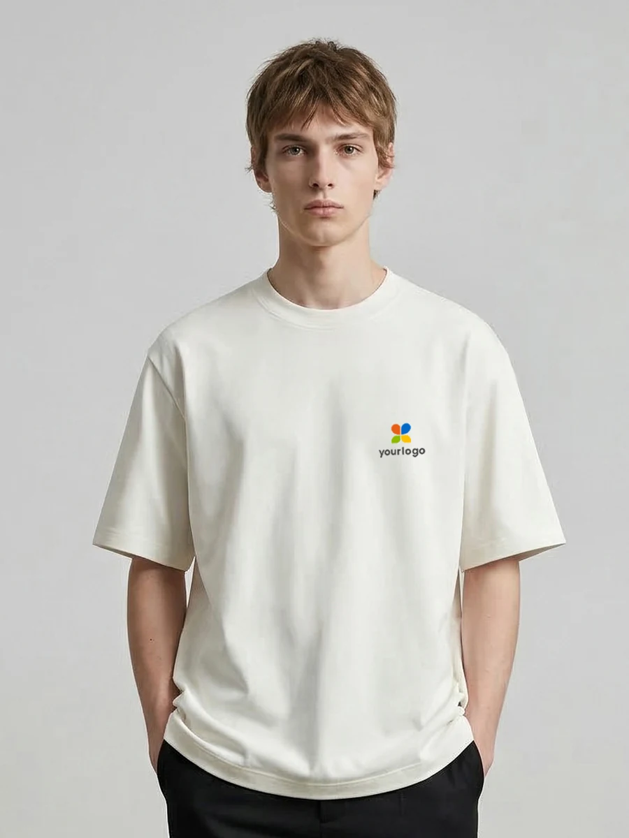 Minimalist white T-shirt with a rainbow logo, designed for outdoor trips. Part of a techwear collection, it features instant quick-dry fabric and a cool, ice-skin touch. The suprematist-inspired design emphasizes simplicity and modern style, ideal for casual, comfortable wear in any adventure.