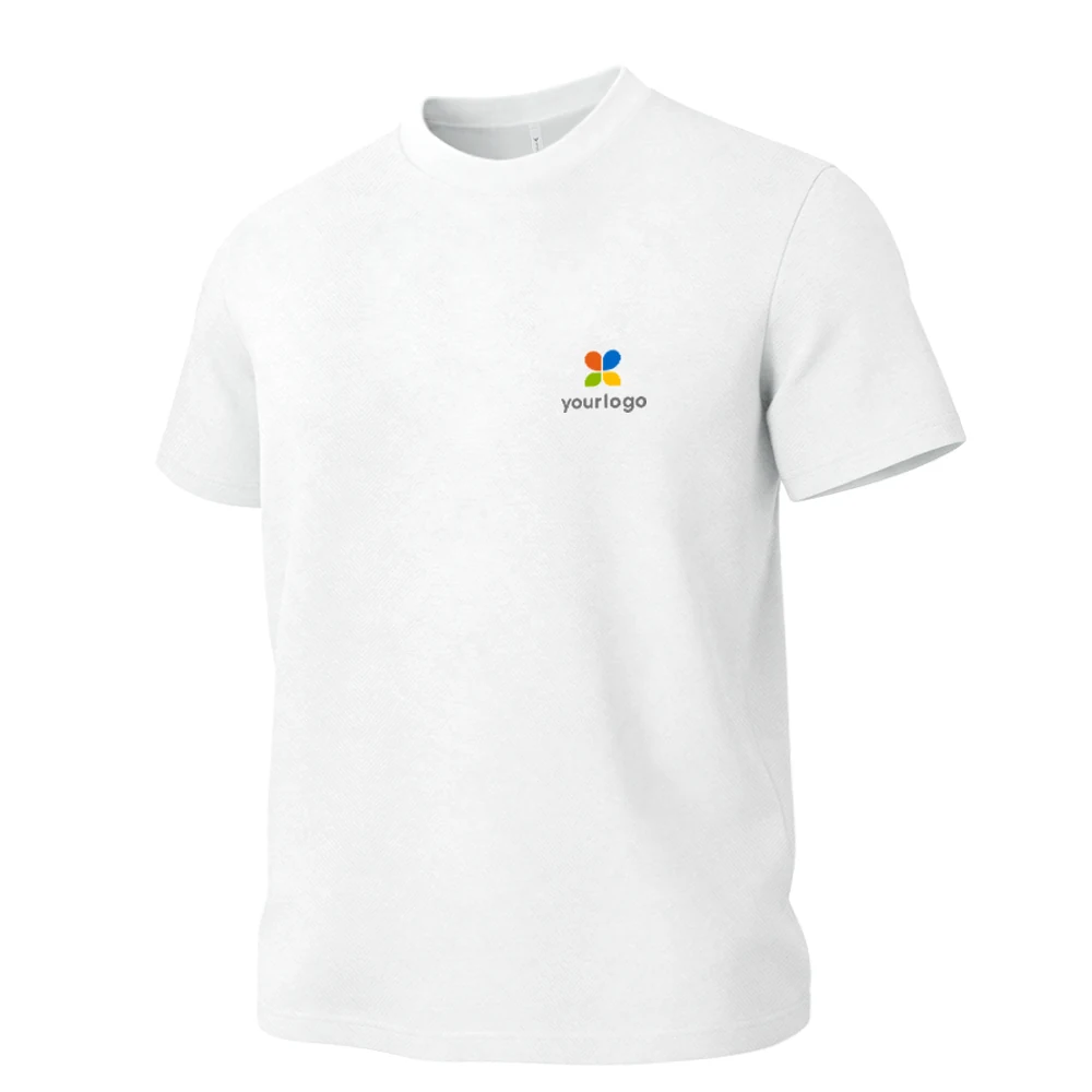 White tech fabric T-shirt featuring a custom C2006 logo with a green and blue floral design on the chest. Designed for daily commute, it offers a cool ice-skin touch, antibacterial 7A fabric, and raytraced computer graphics aesthetics, blending suprematism and modern brand style in a sleek, breathable, and stylish casual wear.