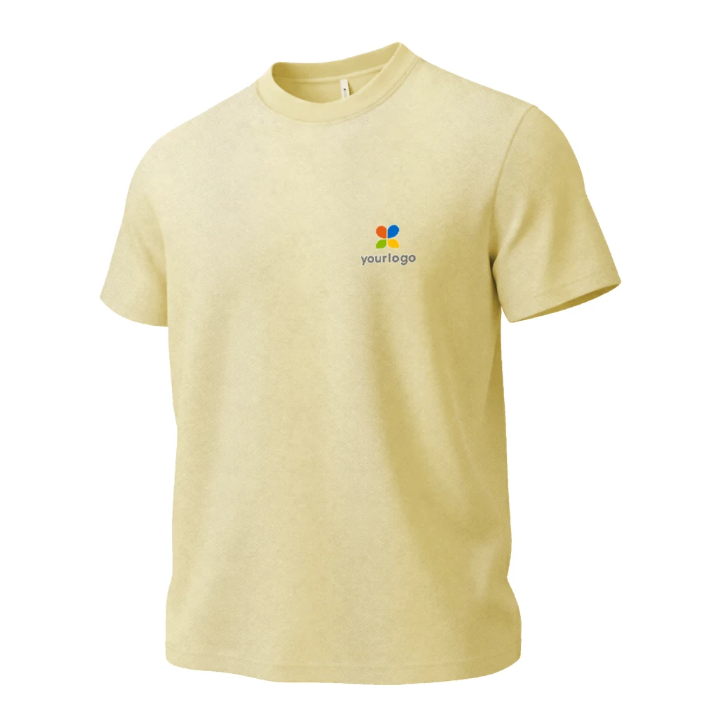 Yellow streetwear shirt featuring a minimalist custom logo and a blue-yellow flower design on the back. Made from 240g heavyweight honeycomb fabric, it blends light business wear with outdoor sports style, ideal for casual, modern looks with vibrant yellow accents and clean computer graphics.