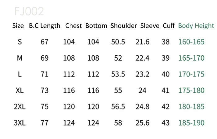 FJ002 size and measurement guide