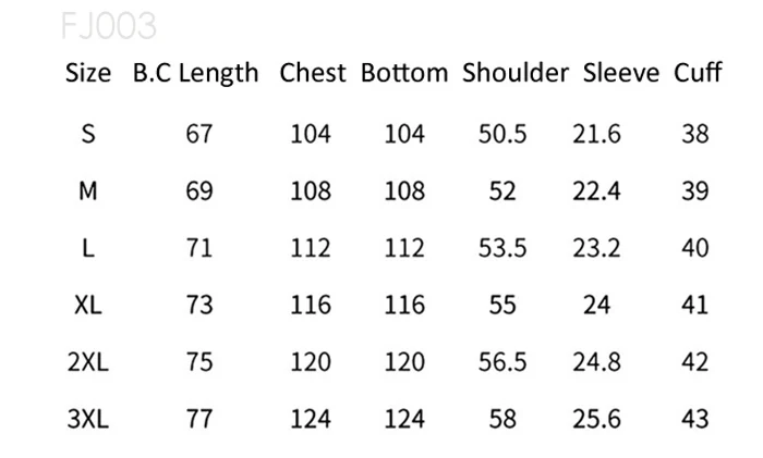 FJ003 size and measurement guide
