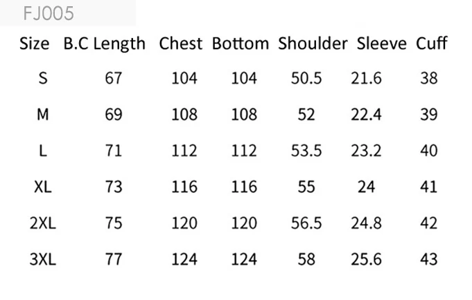 FJ005 size and measurement guide