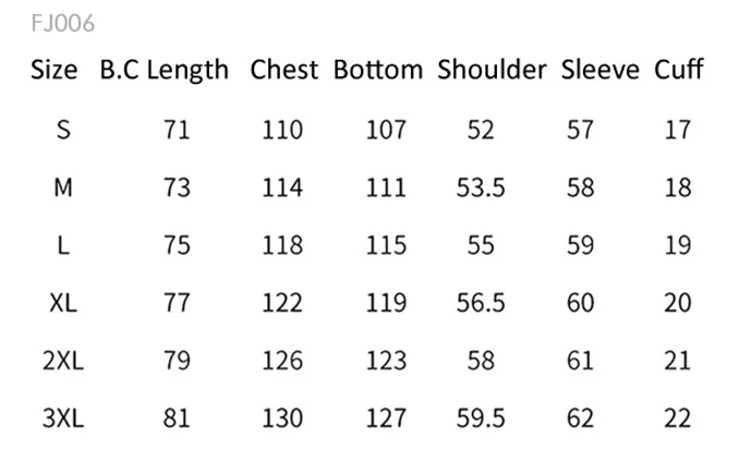 FJ006 size and measurement guide