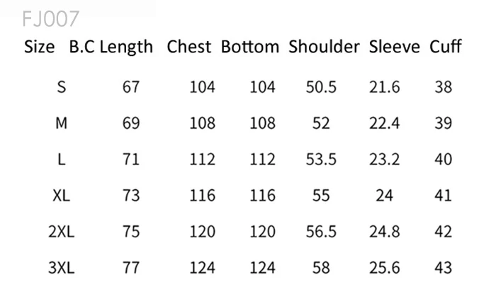 FJ007 size and measurement guide