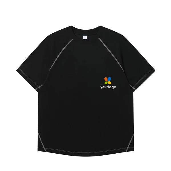 Black t-shirt featuring a colorful custom logo on the chest, designed for outdoor activities. Part of a minimalist street style collection, it showcases a cloud-soft Modal fabric with a sleek, modern look. Ideal for casual wear, blending comfort and style with a vibrant artistic touch.