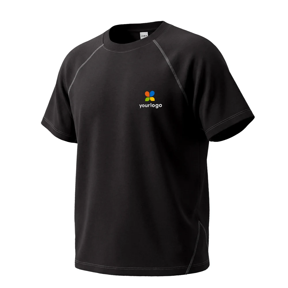Black short-sleeve raglan T-shirt with a vibrant 3D logo on the chest, featuring holographic computer graphics. Designed for temperature control and quick-drying comfort, its made from cloud-soft Modal fabric. The background is white, highlighting the bold black and blue logo, ideal for product photography.