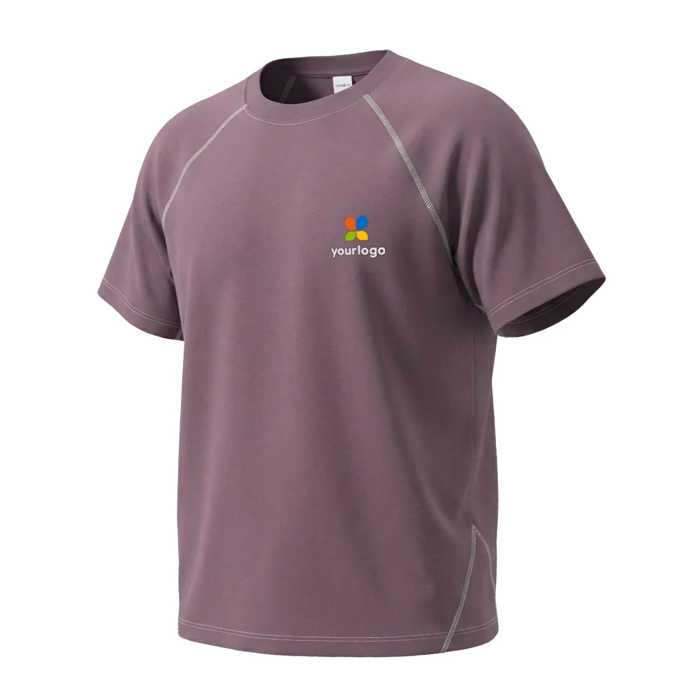 Casual sporty T-shirt in dark purple features a 3D holographic custom logo on the chest, accented with blue and yellow, and white and blue stripes. Designed for daily commute, it offers cloud-soft Modal fabric with quick-dry, temperature-control properties&mdash;ideal for comfort and style.