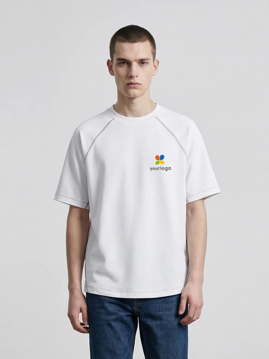 Man wears a white 220g Modal cool T-shirt with a minimalist rainbow logo, ideal for daily commute and home leisure. Designed in suprematism style, it offers ice-feel comfort and sun protection. The techwear aesthetic combines modern simplicity with practicality, perfect for casual, stylish everyday wear.