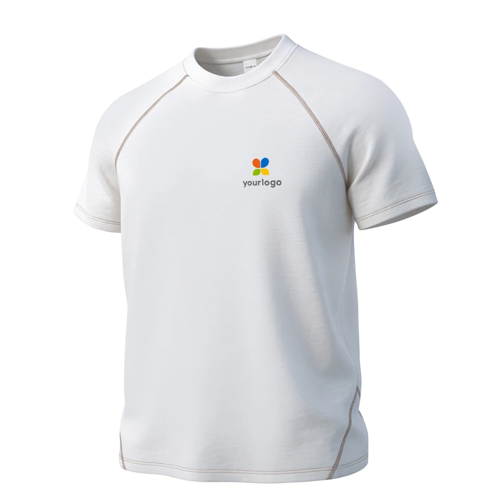 White 220g Modal cool T-shirt featuring a minimalist rainbow 3D custom logo on the chest, embodying a casual sporty, Japanese Cityboy style. Soft cloud-like fabric, clean white background, and elegant branding highlight modern simplicity and comfort in a sleek, stylish design.