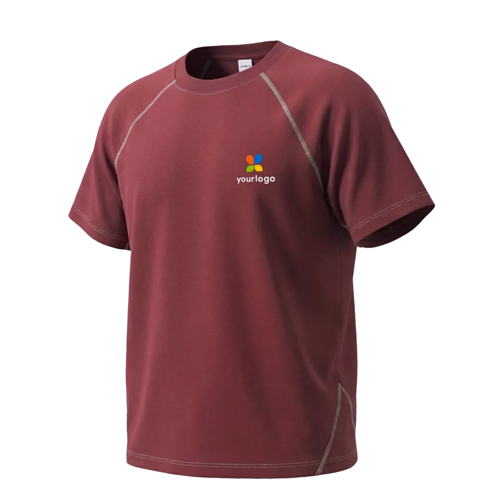 220g Modal cool T-shirt in maroon features a detailed wine red 3D logo on the chest, set against a white background. The design blends minimal street style with casual sporty flair, ideal for fitness workouts. Holographic accents enhance the brands modern look, combining elegance and functionality in a sleek, stylish fit.