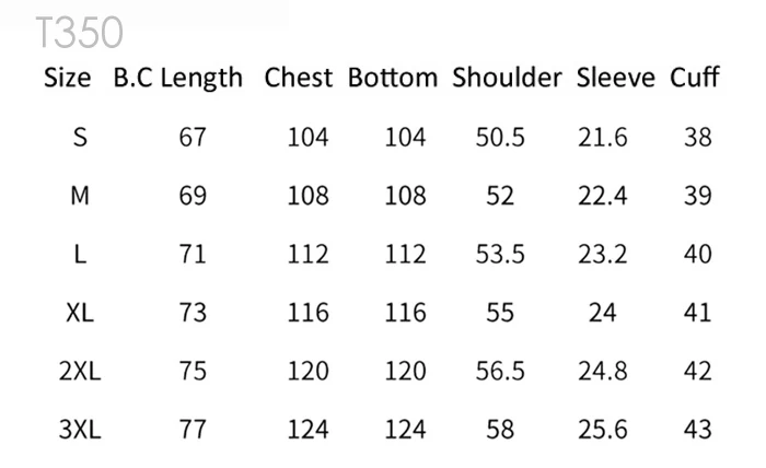 The image displays T350 sizing with detailed clothing measurements, focusing on chest and bottom sizes. It features a symmetrical, superflat diagram highlighting a 21-count double yarn, short sleeve design in 350g heavyweight pure cotton. The basic, versatile, casual style emphasizes accuracy and simplicity in fit and material quality.