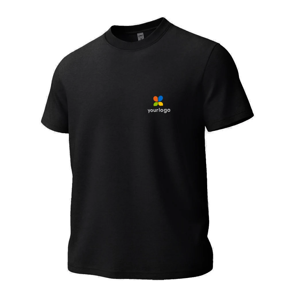 Black UV-resistant cotton T-shirt featuring a vibrant rainbow logo and personalized text on the chest and bottom. Designed for style and function, it offers UV protection, breathability, and moisture-wicking properties. Ideal for outdoor wear, this sleek, modern graphic tee combines durability with comfort, perfect for active lifestyles.