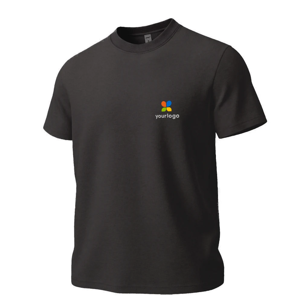 Heavyweight 350g pure cotton black T-shirt featuring a custom rainbow logo on chest and bottom, with Avgust Černigoj text. Designed in carbon gray, it offers soft, skin-friendly fabric with UV protection. Ideal for street style looks, combining durability, comfort, and modern holographic graphics for a bold, eye-catching appearance.