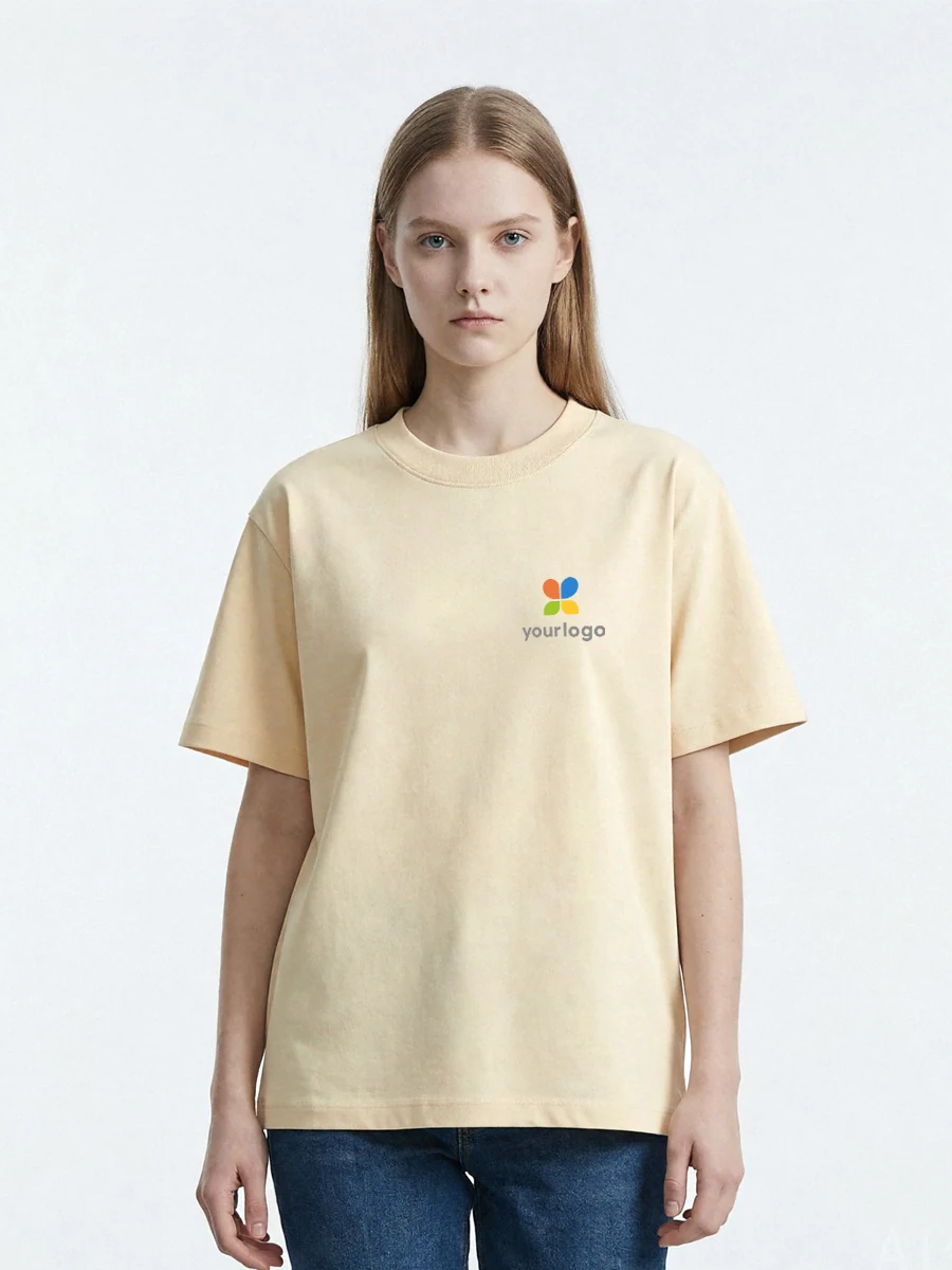 Woman wears a minimalist milk-white T-shirt with a rainbow logo, paired with blue jeans. The breathable, moisture-wicking base layer offers UV protection and casual style, reflecting modern minimalism in design and comfort.