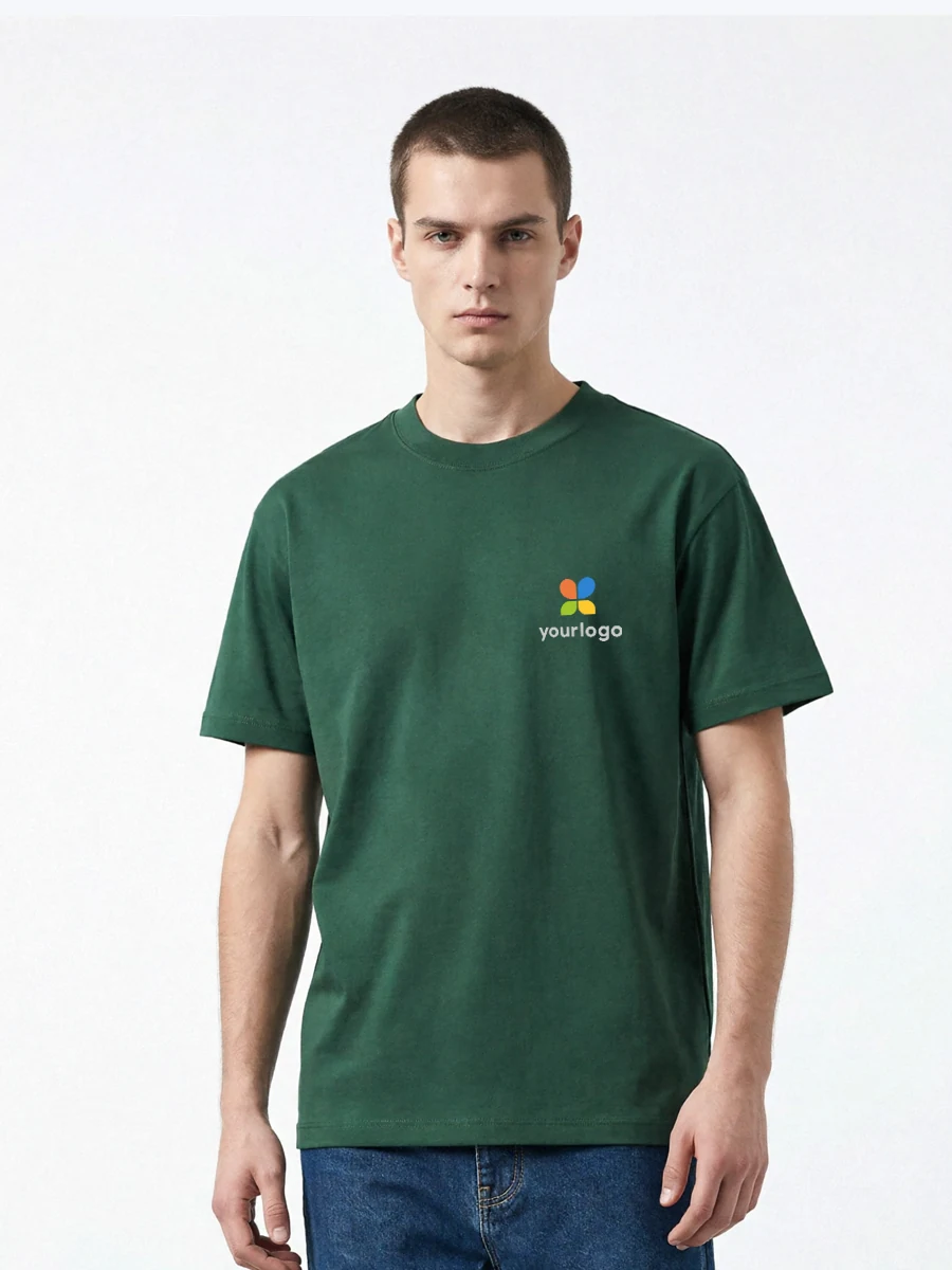 Man wears an olive green T350 breathable base layer shirt with a custom logo and rainbow chest design, paired with a black hat. Made of 350g heavyweight pure cotton, 21-count double yarn, moisture-wicking, and minimalist street style. Ideal for fashion-forward, functional wear.