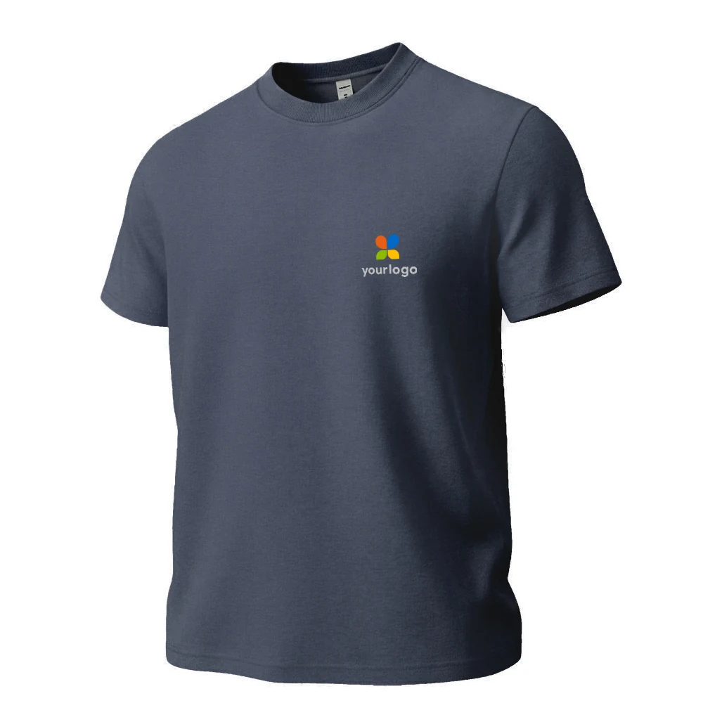 Casual-style blue T-shirt featuring a vibrant rainbow logo on both chest and back, designed with holographic effects. Made from 21-count double yarn fabric, it offers moisture-wicking, breathable comfort in Paris dark gray tone. Ideal for active or everyday wear.