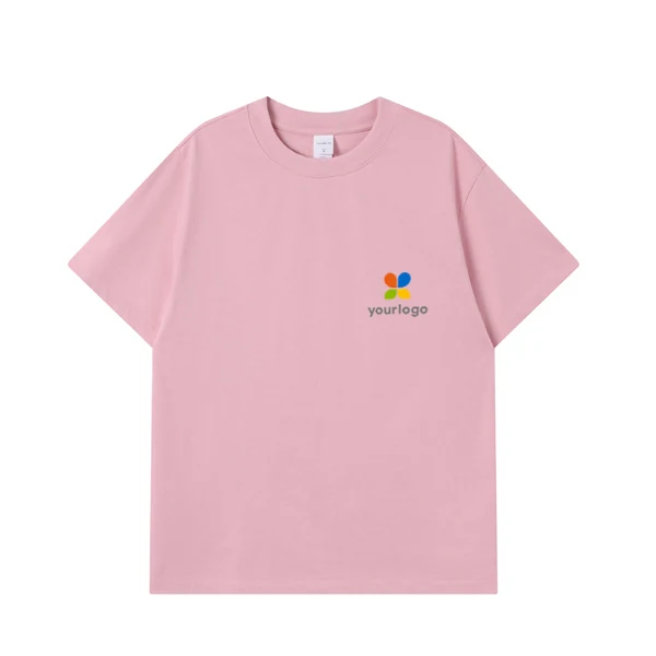 Pink minimalist T-shirt with a rainbow logo and Happy Earth text, featuring a simple painting style. Made from 350g heavyweight pure cotton, it offers a loose fit suitable for all body types. Ideal for campus outfits and minimalist commuting style, combining comfort, sustainability, and modern design in a vibrant yet elegant look.