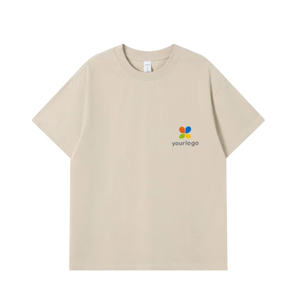 Minimalist sand-colored heavyweight cotton T-shirt (350g, 21-count double yarn) featuring a custom front logo and a small blue-orange circle on the back. Designed for men, it blends casual versatility with clean, modern aesthetics, emphasizing quality fabric and subtle branding in a simple, elegant style.