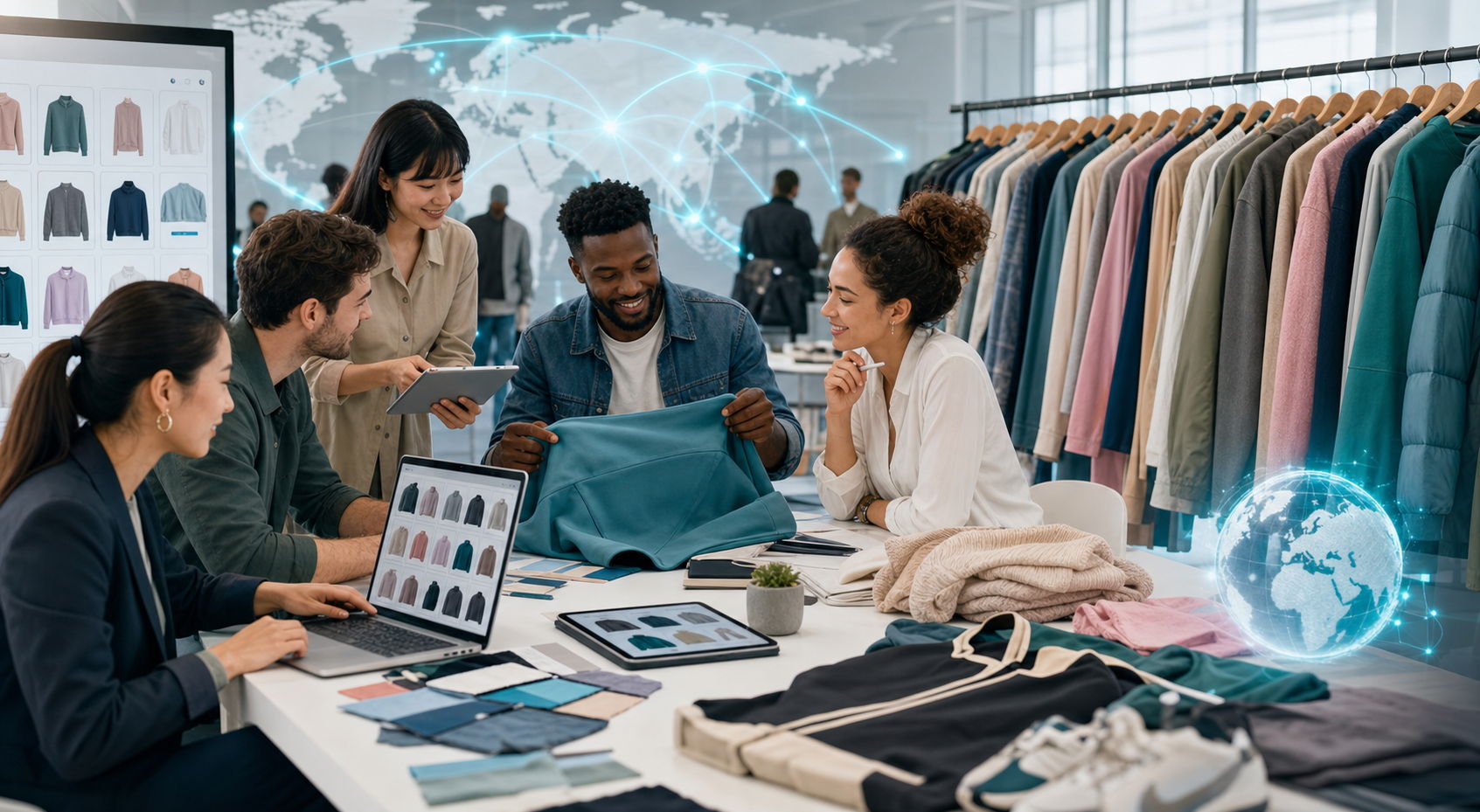 A diverse team of global fashion buyers reviewing customizable clothing samples and swatches