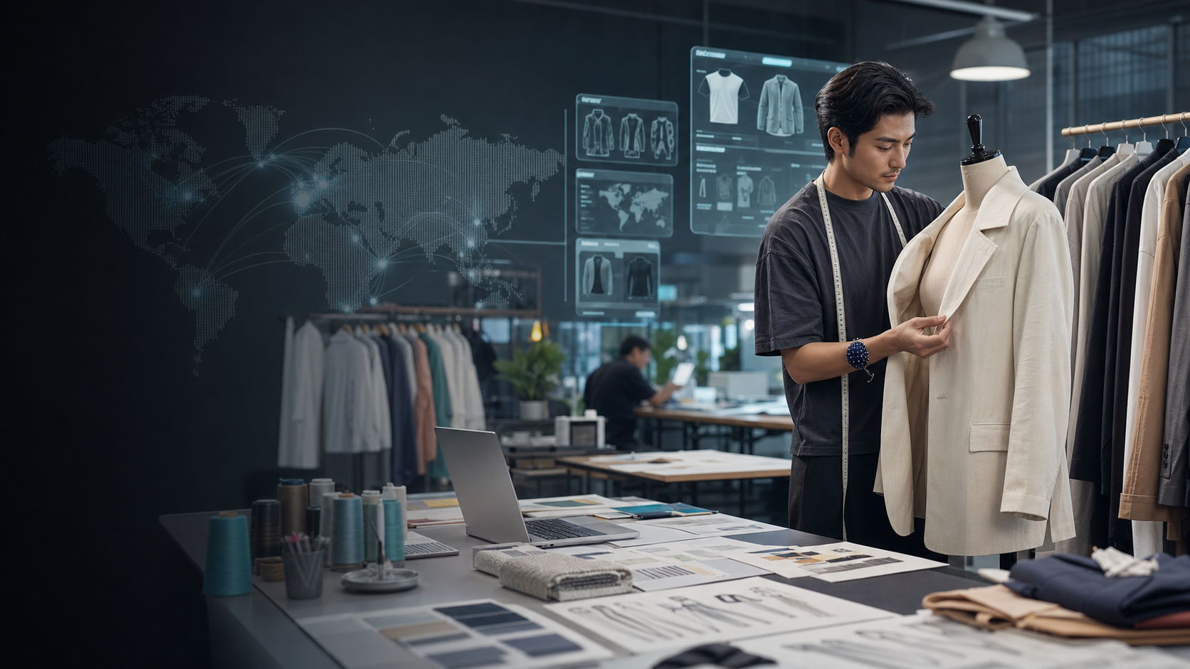 Factory fashion designer reviewing a clothing sample on a mannequin in a design studio
